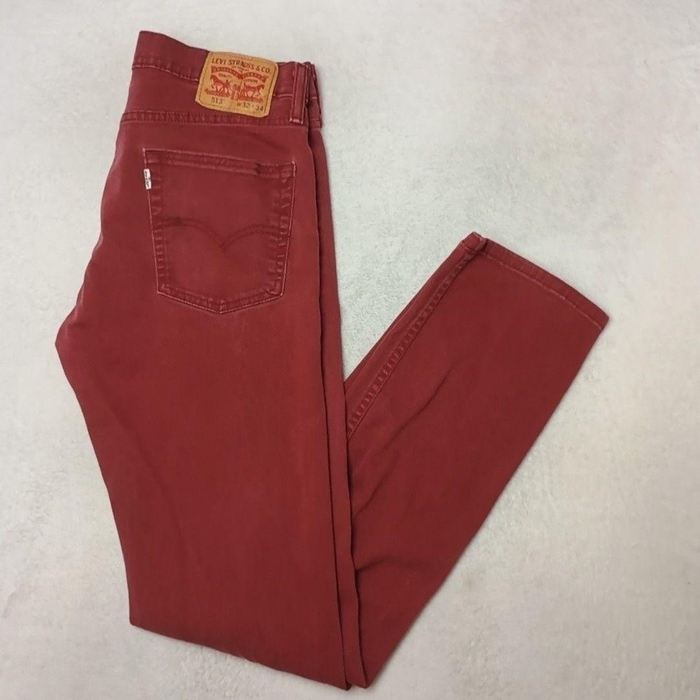 Levis 513 Jeans Mens 32x34 Red Slim Straight Denim Cotton Blend Logo 5-Pocket